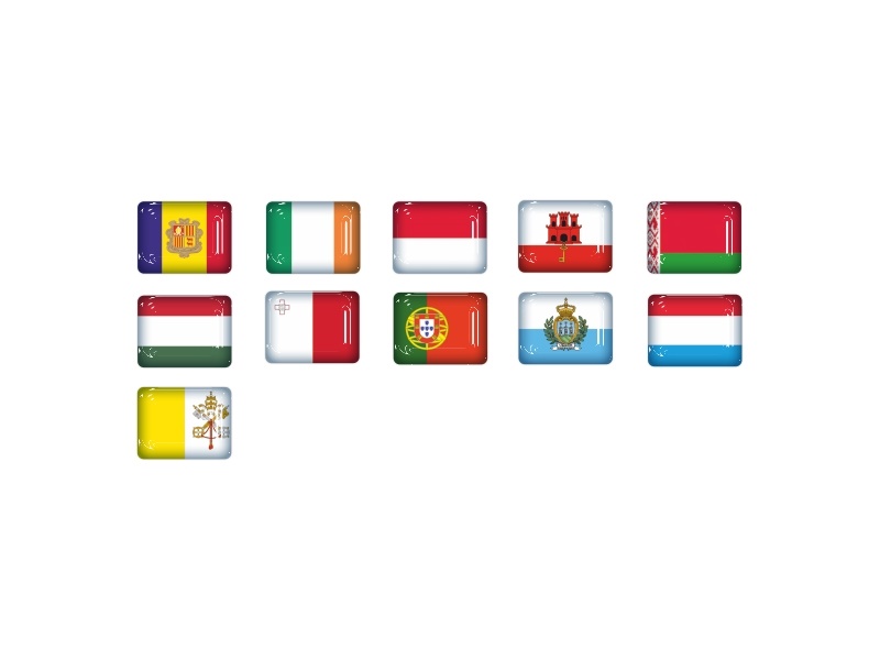 Zakázkové samolepky - Minivlajky 3x2,3mm Maďarsko Bielorusko Andorra Gibraltár Malta Portugalsko San Maríno Vatikán Írsko Luxembursko Monako
