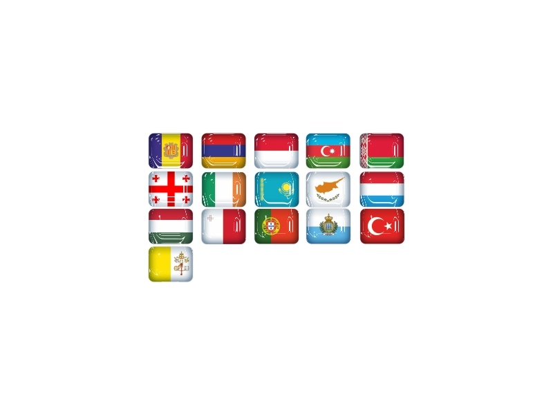 Zakázkové samolepky - Minivlajky 3x2,3mm Andorra, Arménie, Ázerbájdžán, Bělorusko, Gruzie, Irsko, Kazachstán, Kypr, Lucembursko, Maďarsko, Malta, Monako (obráceně Polsko), Portugalsko, San Marino, Tur